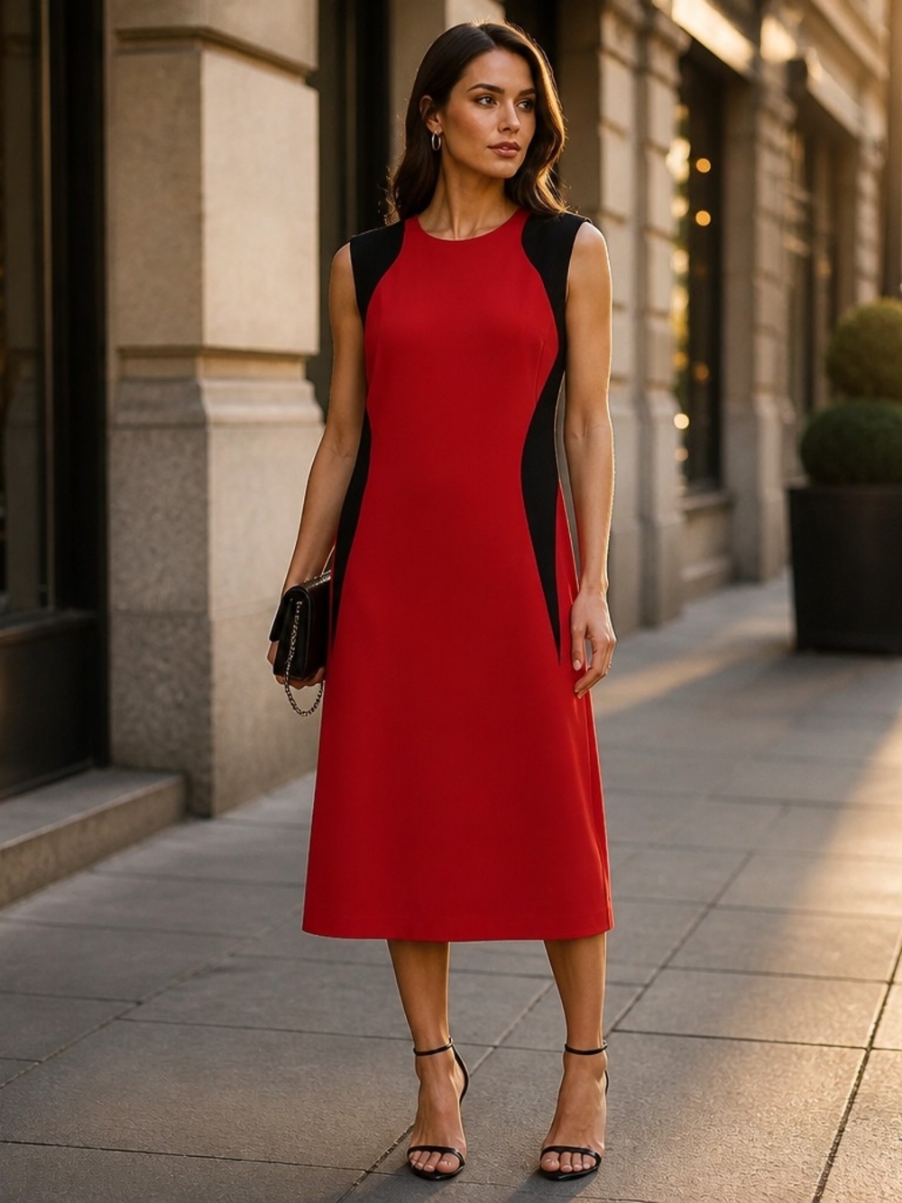 Anne Klein Red Midi Sheath Dress with Black Panels